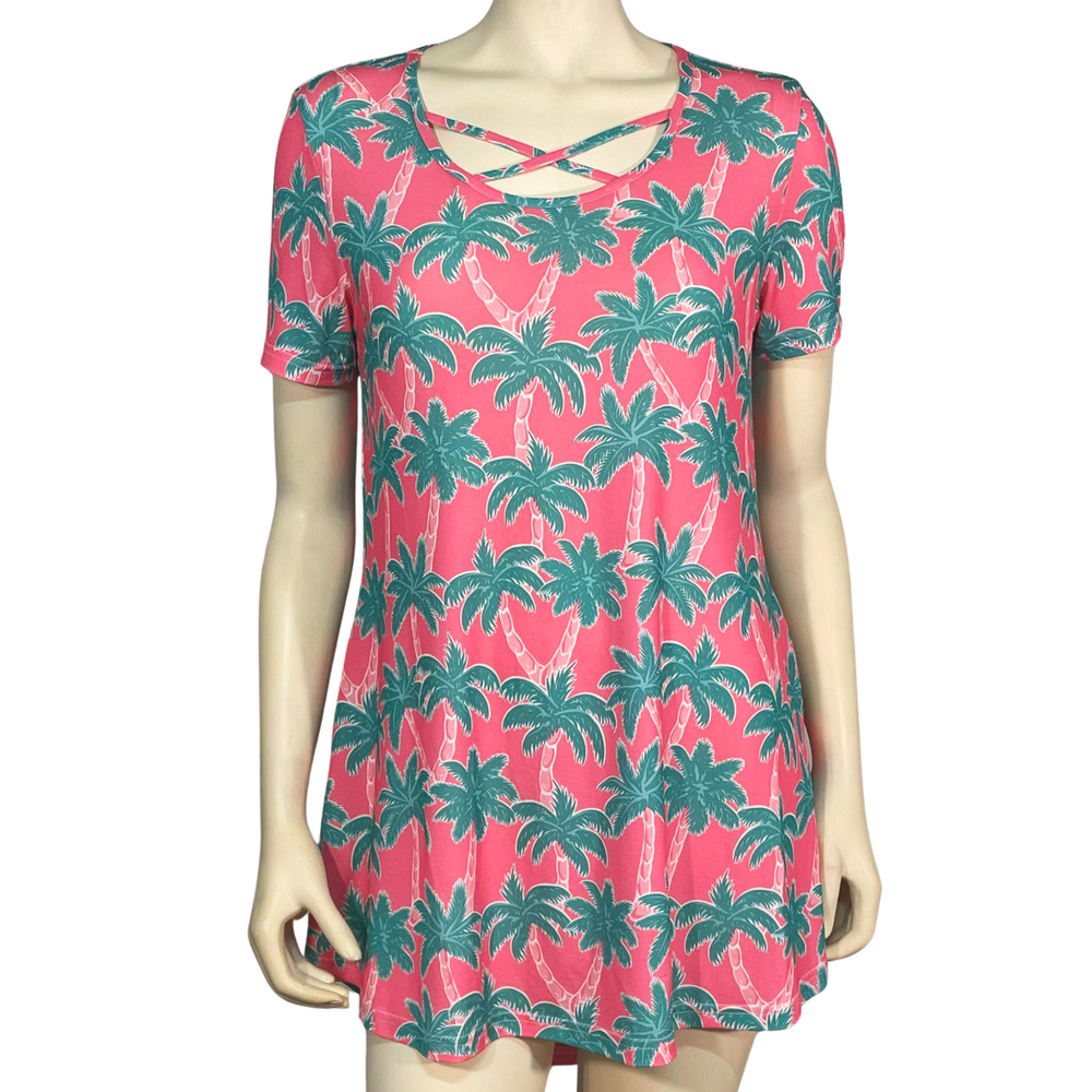 Simply Southern Sz S Swimsuit Cover-Up Pink Aqua Palm Trees Criss-Cross Neckline